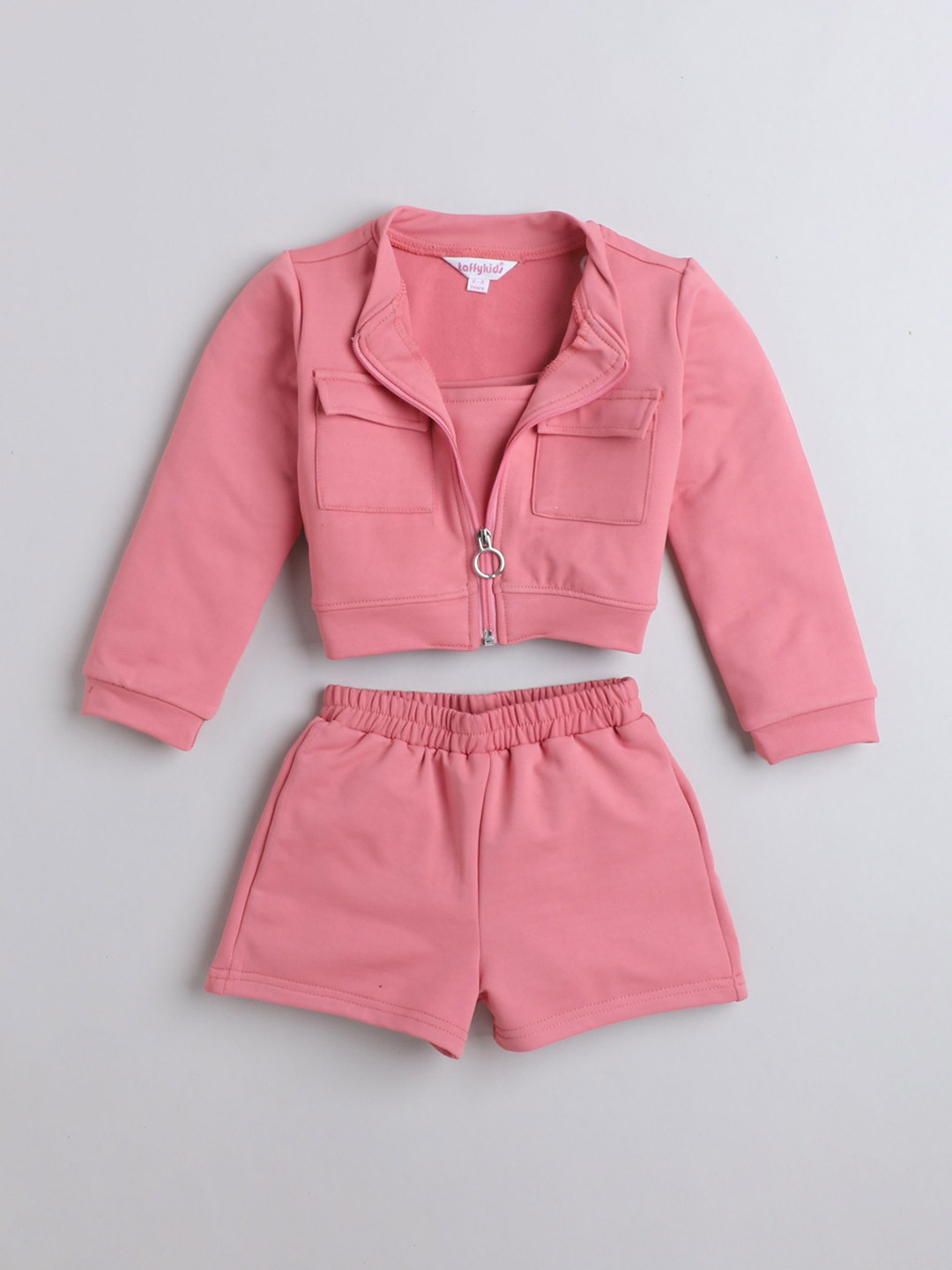 

taffykids Girls Mandarin Collar Long Sleeves Sweatshirt With Shorts With Top, Pink
