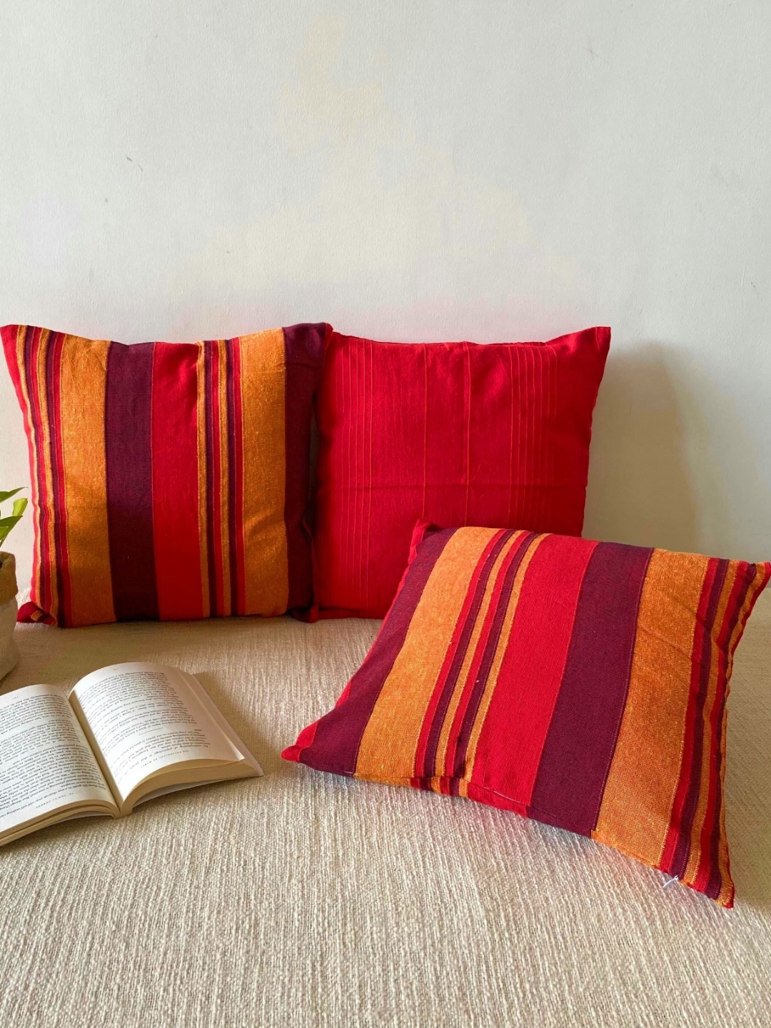 

RANGBHAR Red & Beige 3 Pieces Striped Pure Cotton Square Cushion Covers