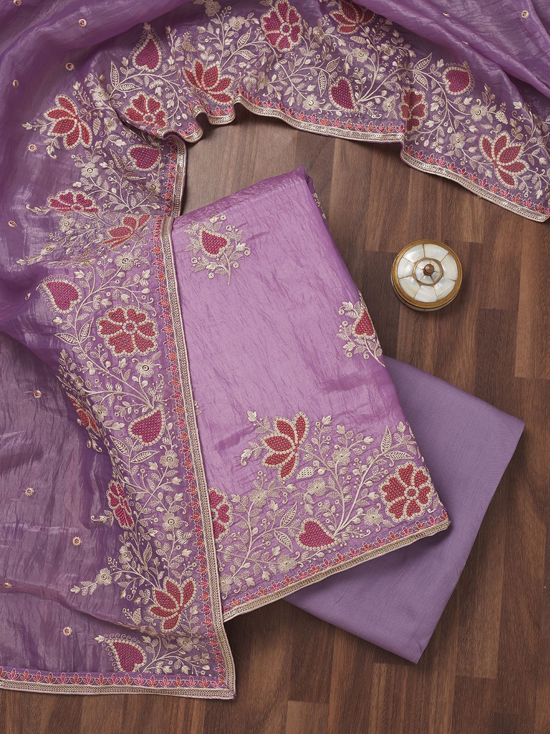 

Koskii Embellished Crepe Unstitched Dress Material, Purple