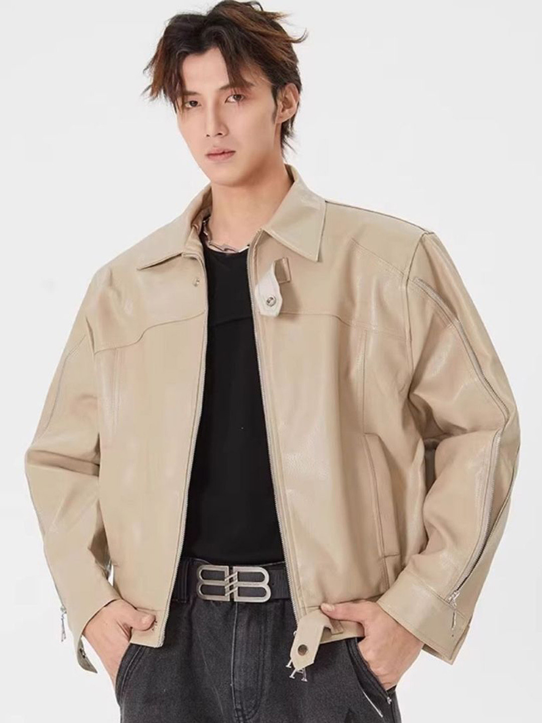 

HERE&NOW Men Spread Collar Solid Leather Casual Leather Jacket, Khaki
