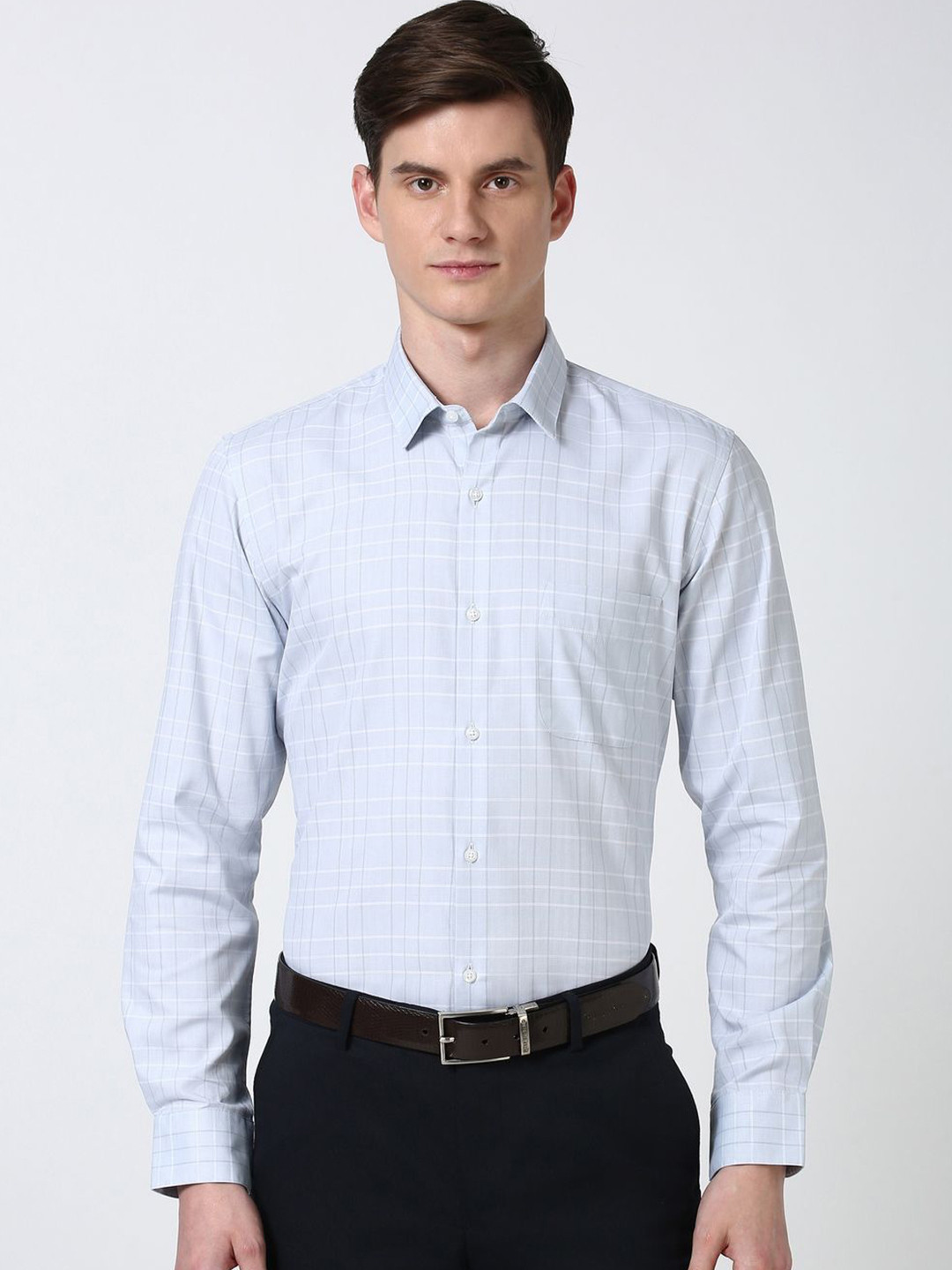 

Peter England Men Spread Collar Checked Cotton Slim Fit Formal Shirt, Blue