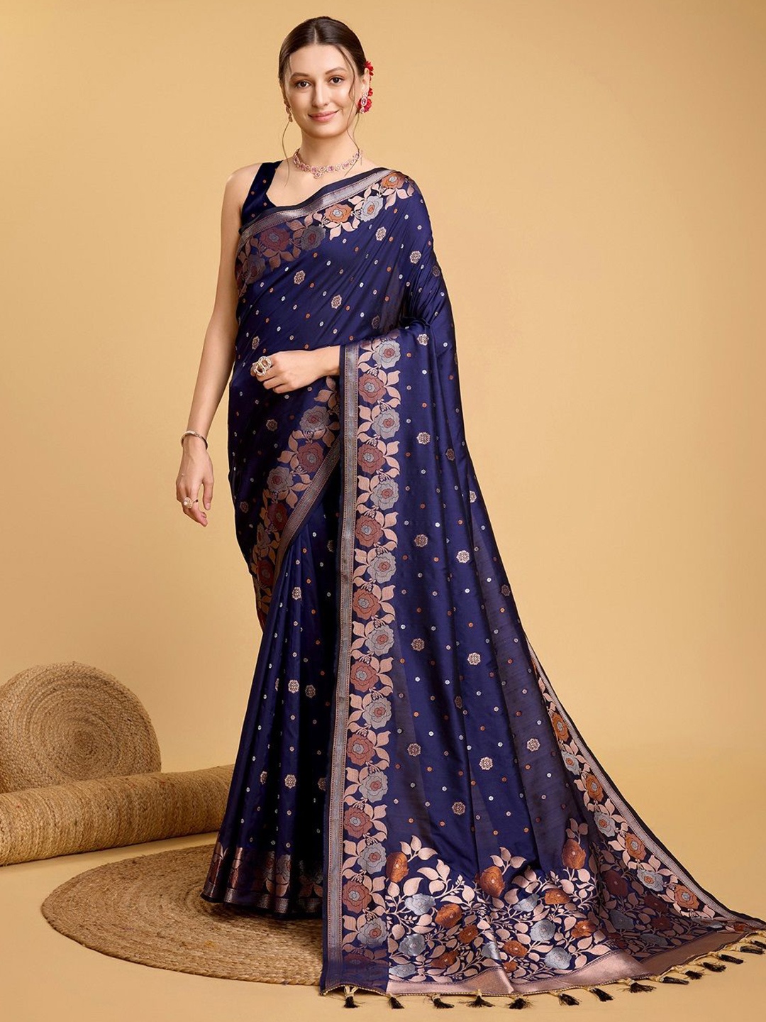 

SHOBHA SAREES Floral Zari Pure Silk Banarasi Saree, Navy blue
