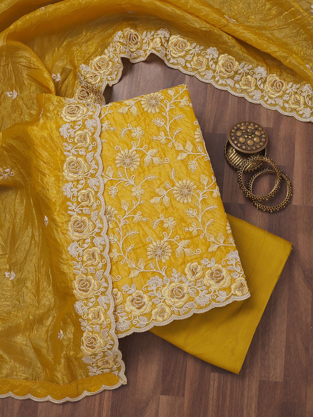 

Koskii Floral Embroidered Thread Work Unstitched Dress Material, Yellow