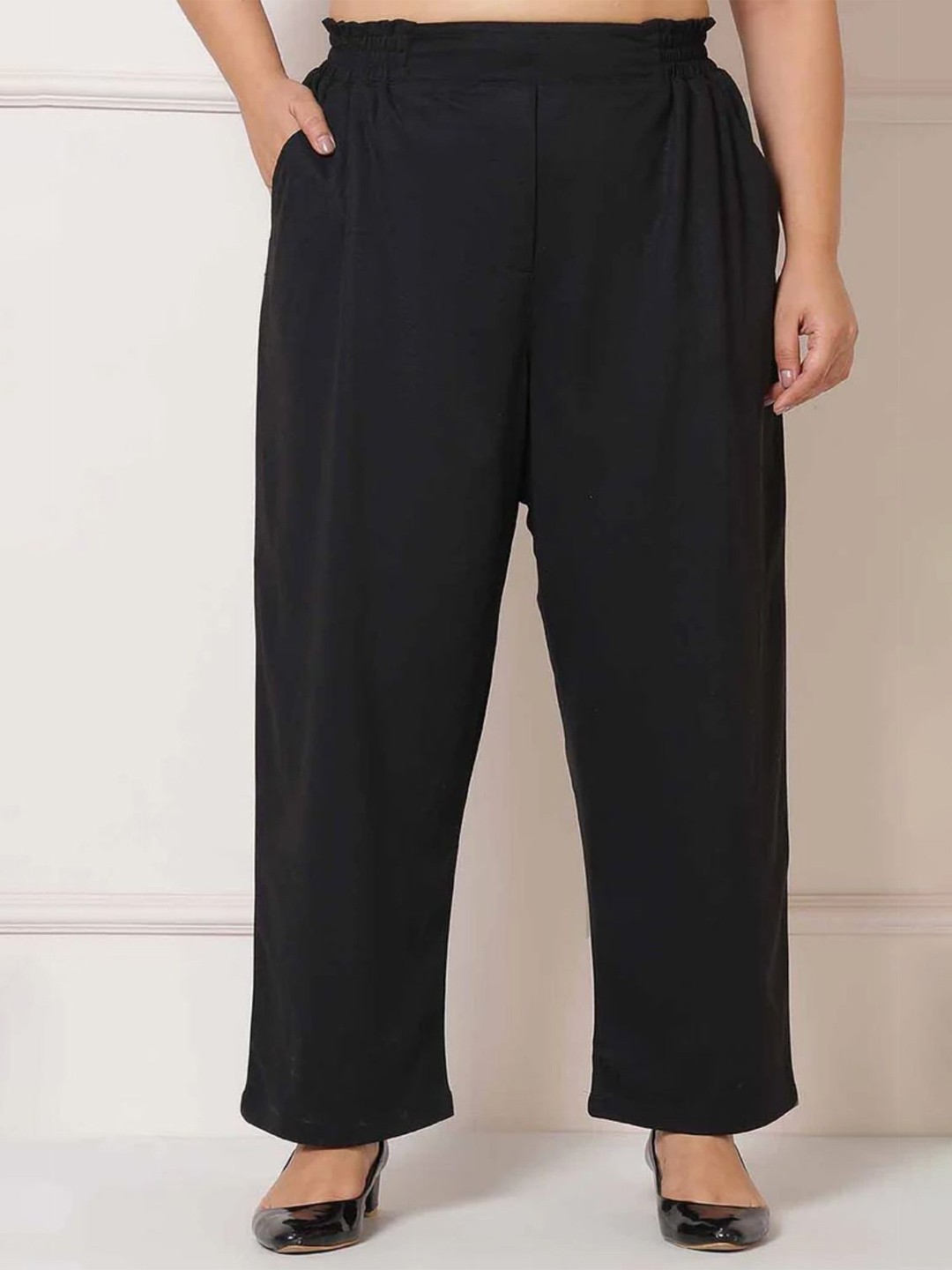 

Amydus Women Plus Size Relaxed Straight Fit High-Rise Korean Inspiration Pants, Black