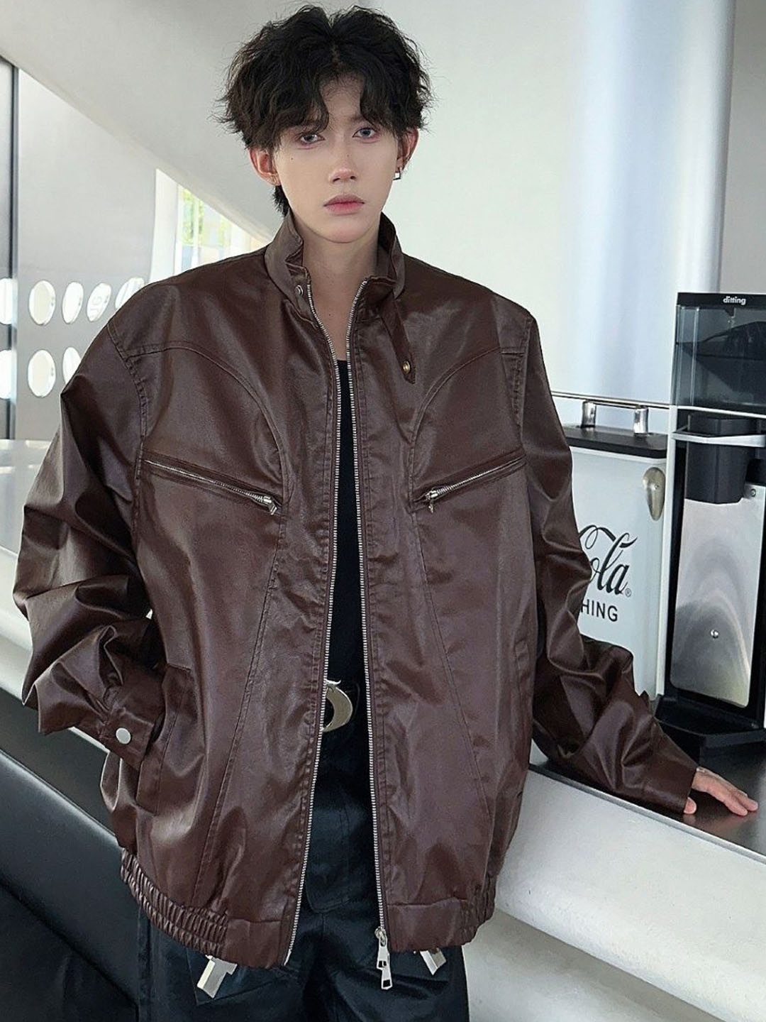 

HERE&NOW Men Mock Collar Solid Leather Casual Leather Jacket, Brown
