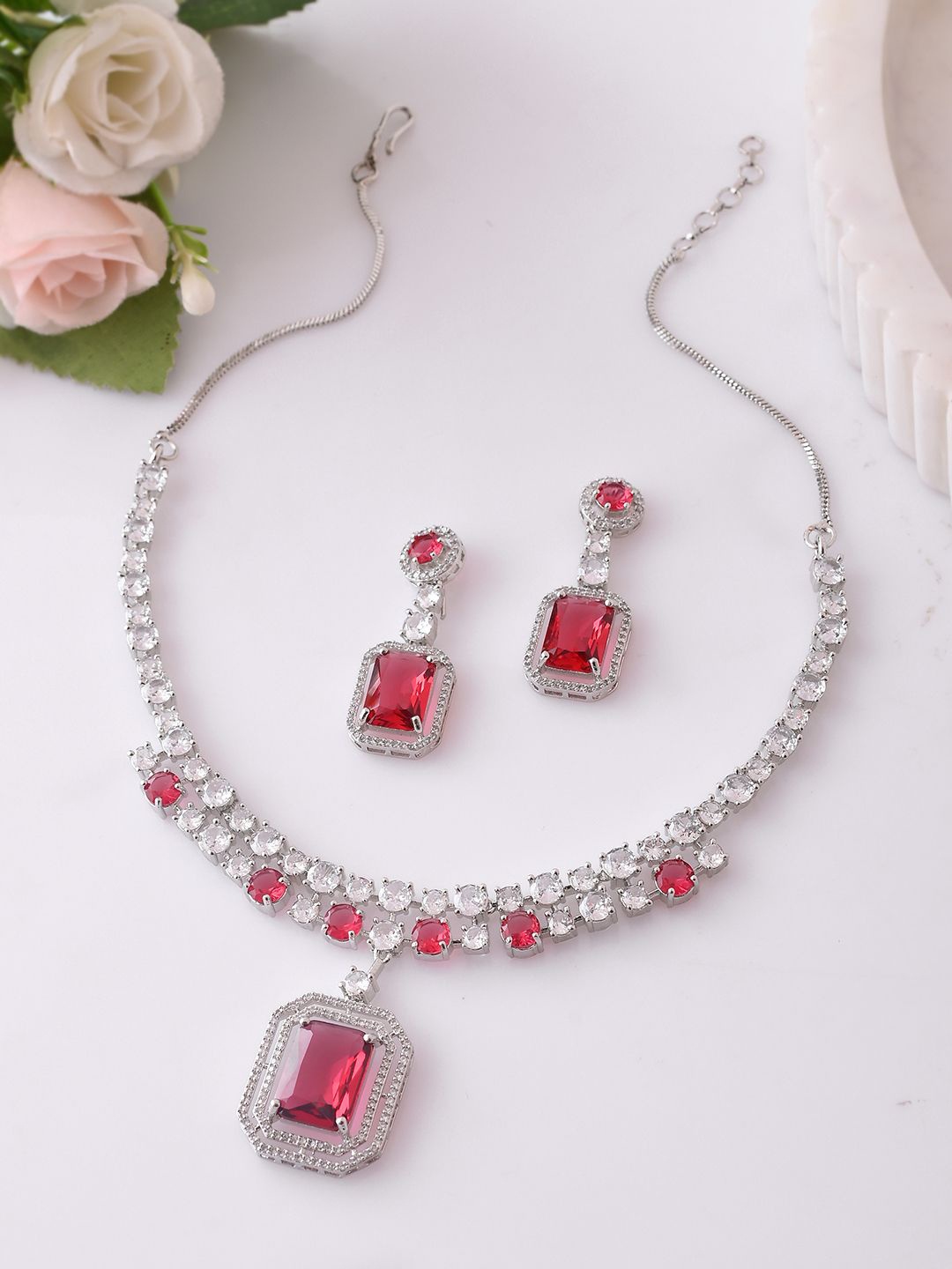 

Voylla Sparkling Elegance Eternal Rhodium Plated American Diamond Necklace Set, Silver