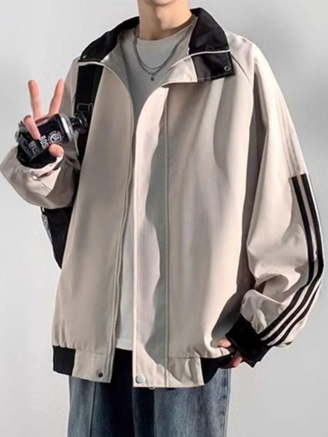 

HERE&NOW Men Spread Collar Striped Casual Bomber Jacket, Cream