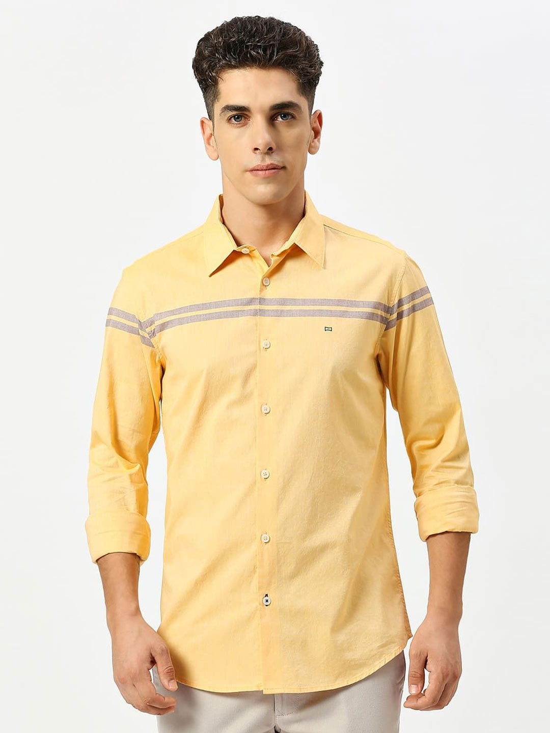

Basics Men Slim Fit Striped Pure Cotton Casual Shirt, Yellow