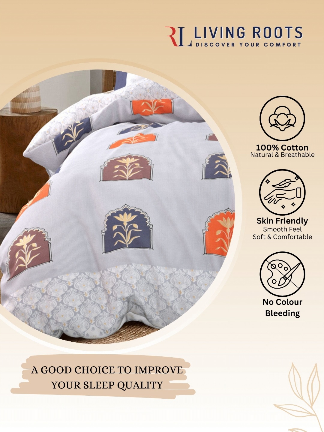 

LIVING ROOTS Orange Floral 210 TC King Bedsheet with 2 Pillow Covers