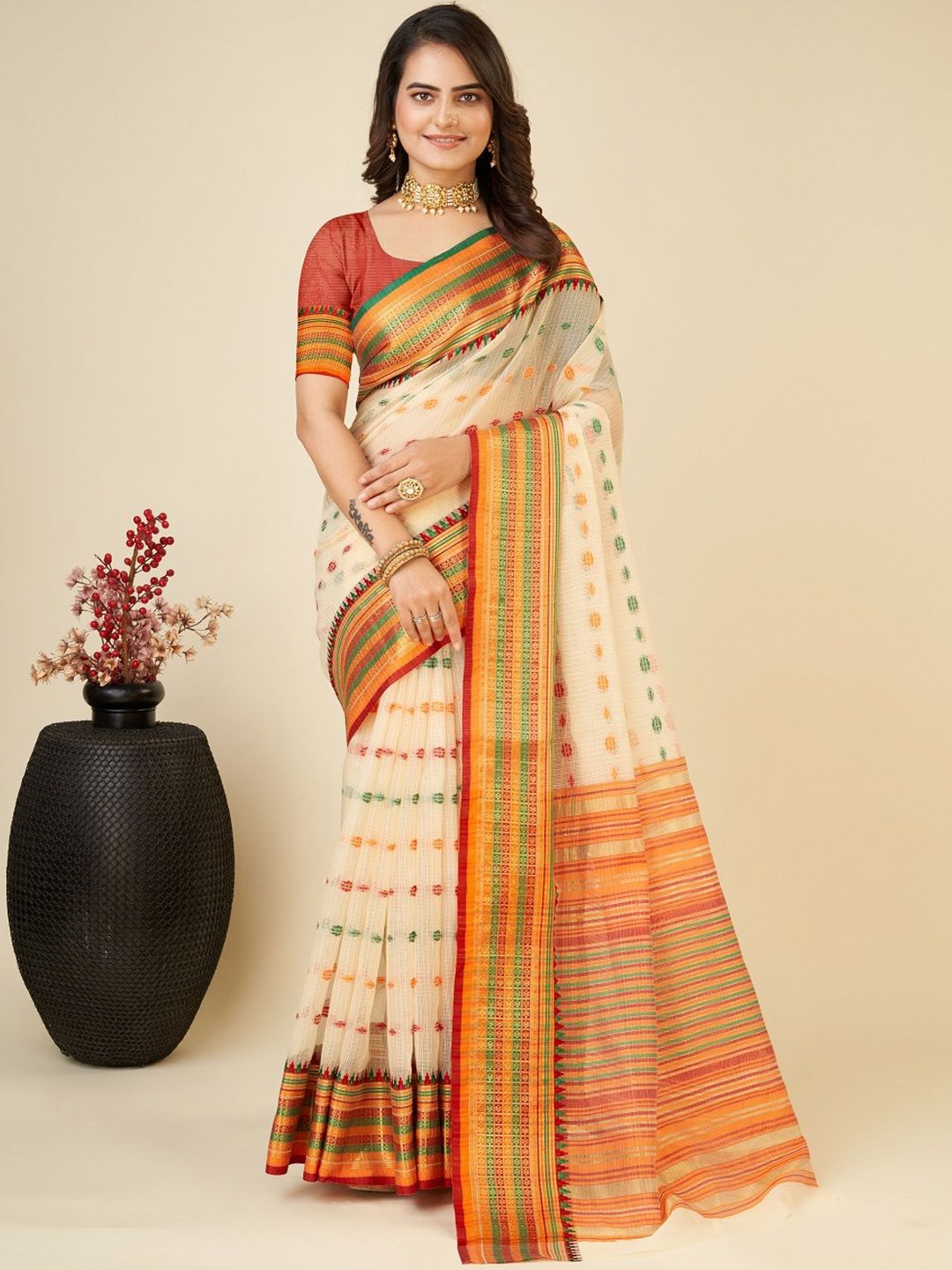

LEOSAGI Woven Design Zari Silk Cotton Kota Saree, Beige