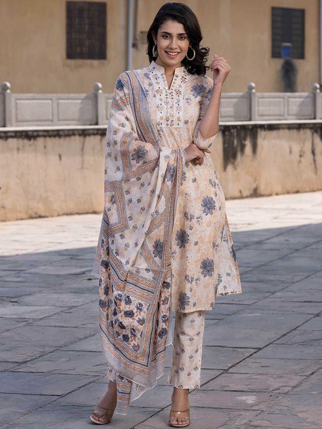 

KALINI Floral Printed Mirror Work Straight Pure Cotton Kurta With Trousers & Dupatta, Cream