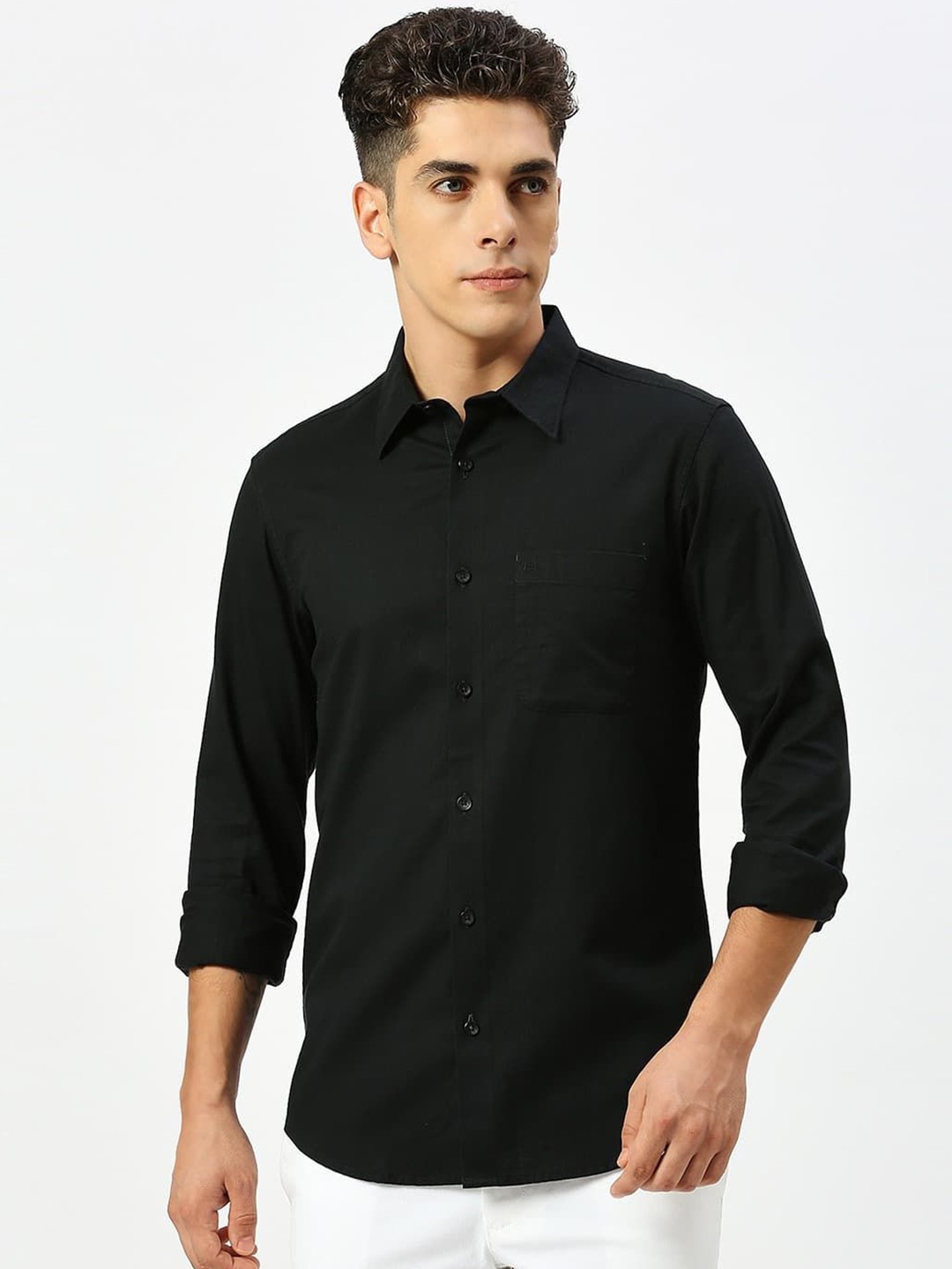 

Basics Men Slim Fit Opaque Solid Cotton Casual Shirt, Black