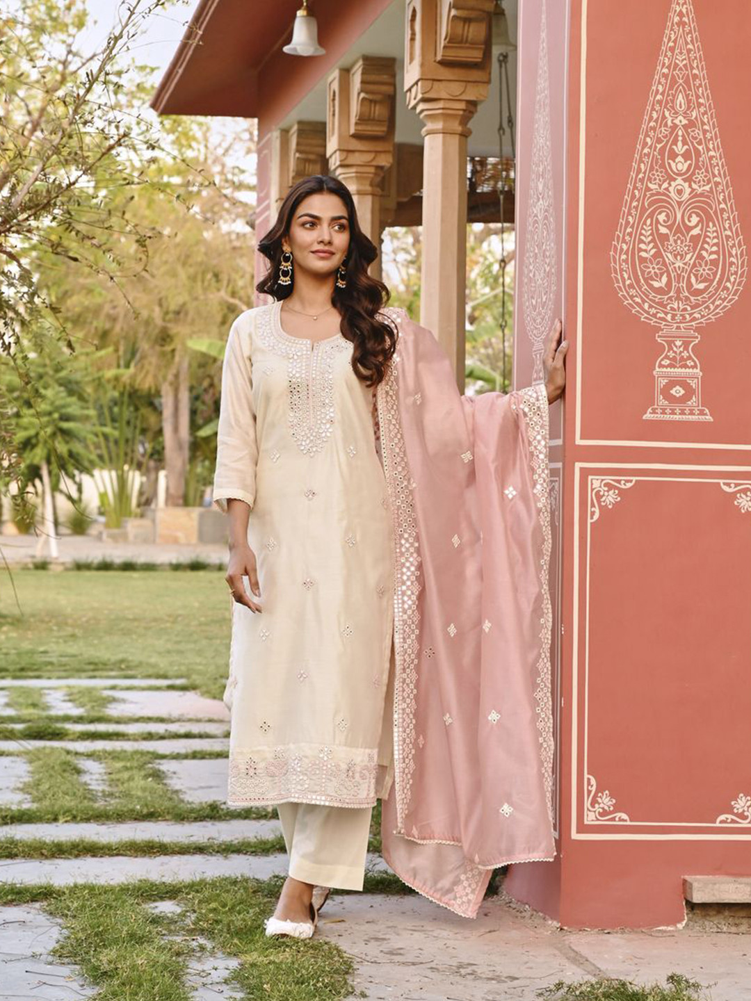 

KARAJ JAIPUR Floral Embroidered Mirror Work Chanderi Cotton Kurta with Palazzo & Dupatta, Cream