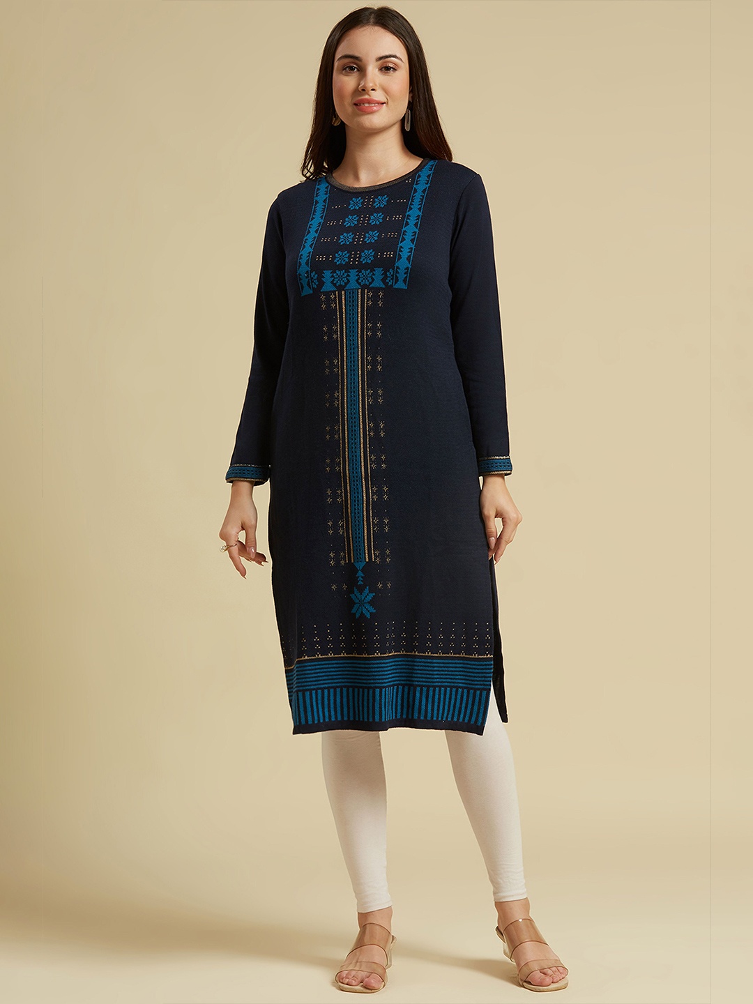 

Peachmode Floral Woven Design Woollen Straight Kurta, Navy blue