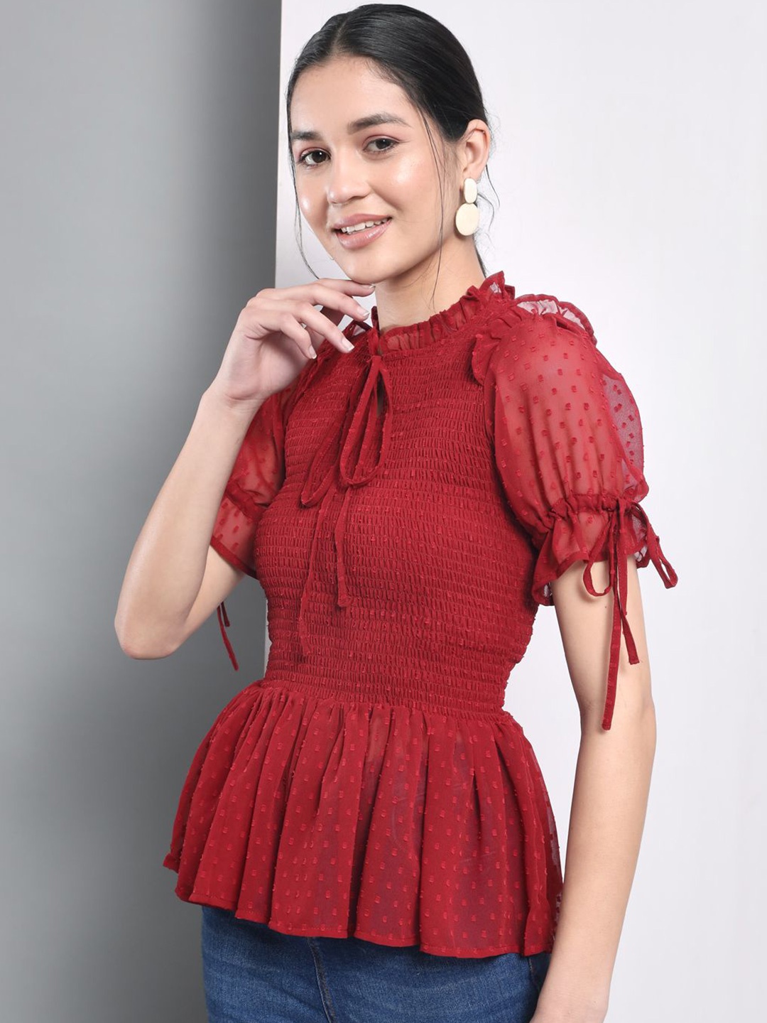 

BAESD Tie-Up Neck Peplum Top, Maroon