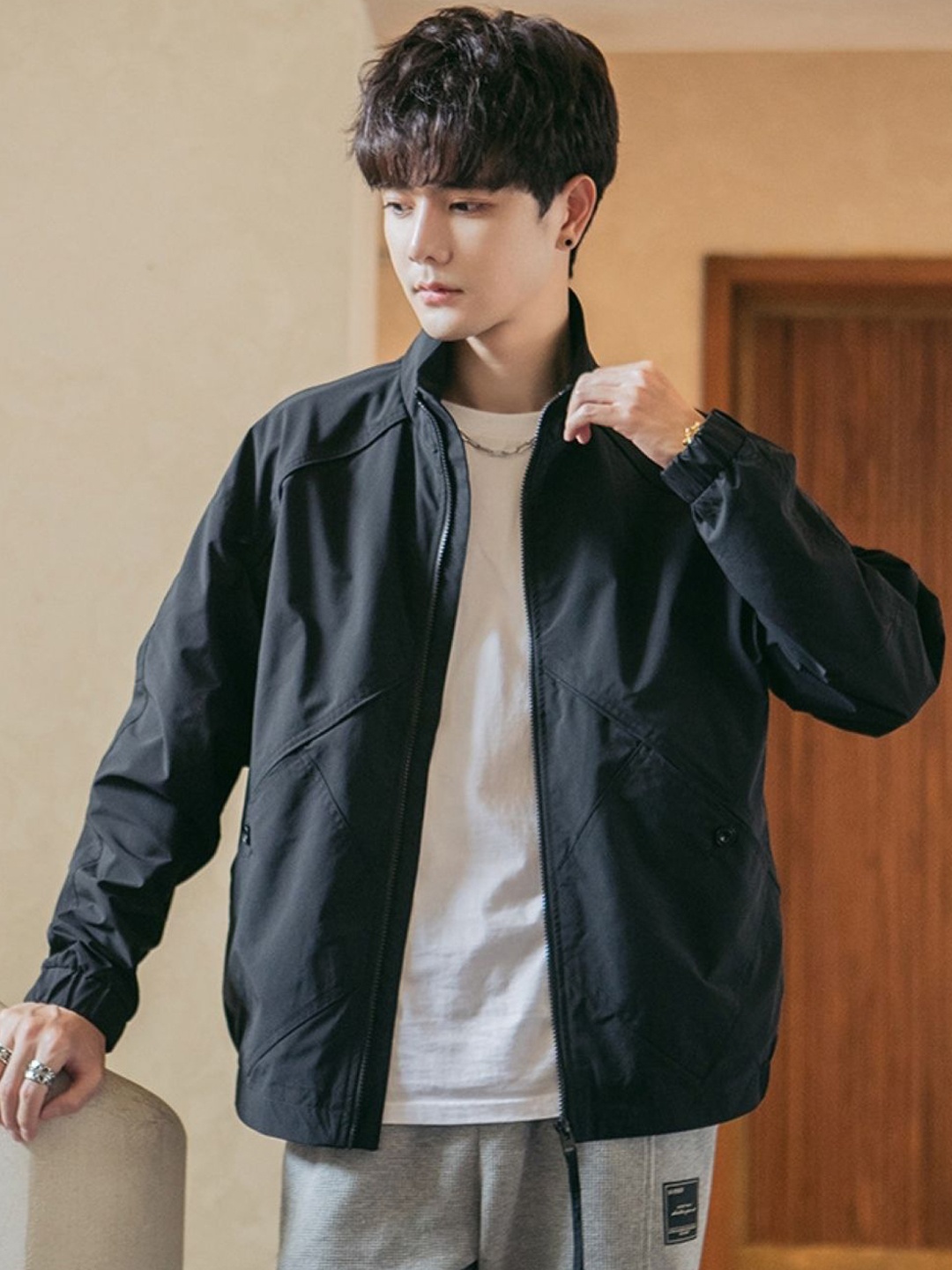 

HERE&NOW Men Spread Collar Solid Casual Bomber Jacket, Black