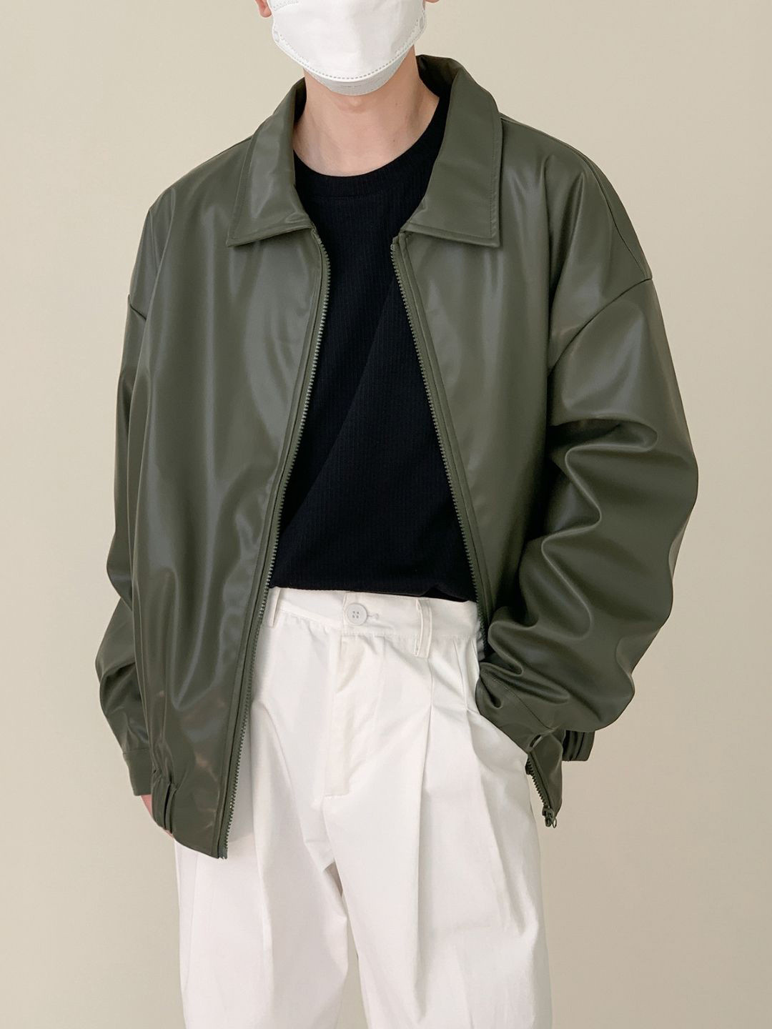 

HERE&NOW Men Spread Collar Solid Leather Casual Leather Jacket, Olive