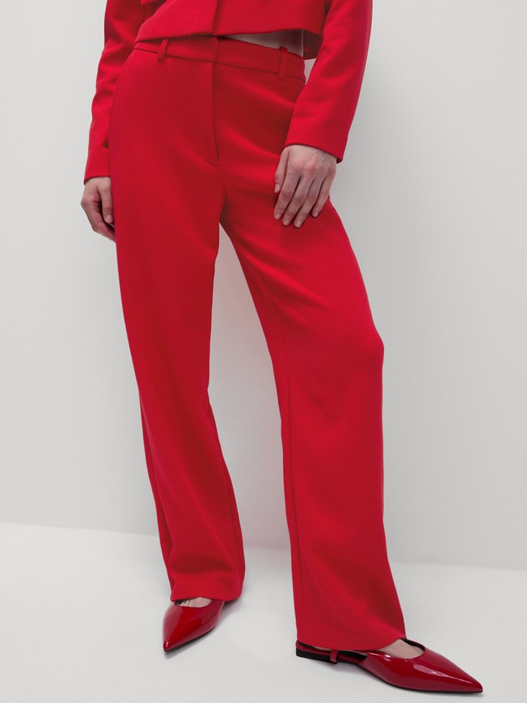 

Marks & Spencer Women Tailored Fit Straight Fit High-Rise Trousers, Red