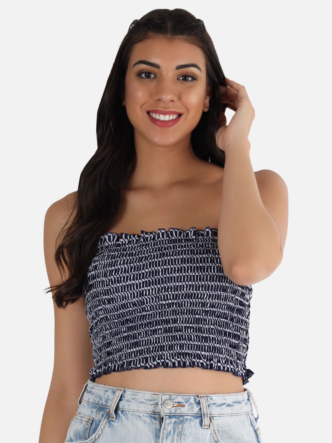 

BAESD Print Off-Shoulder Smocked Crepe Tube Crop Top, Navy blue