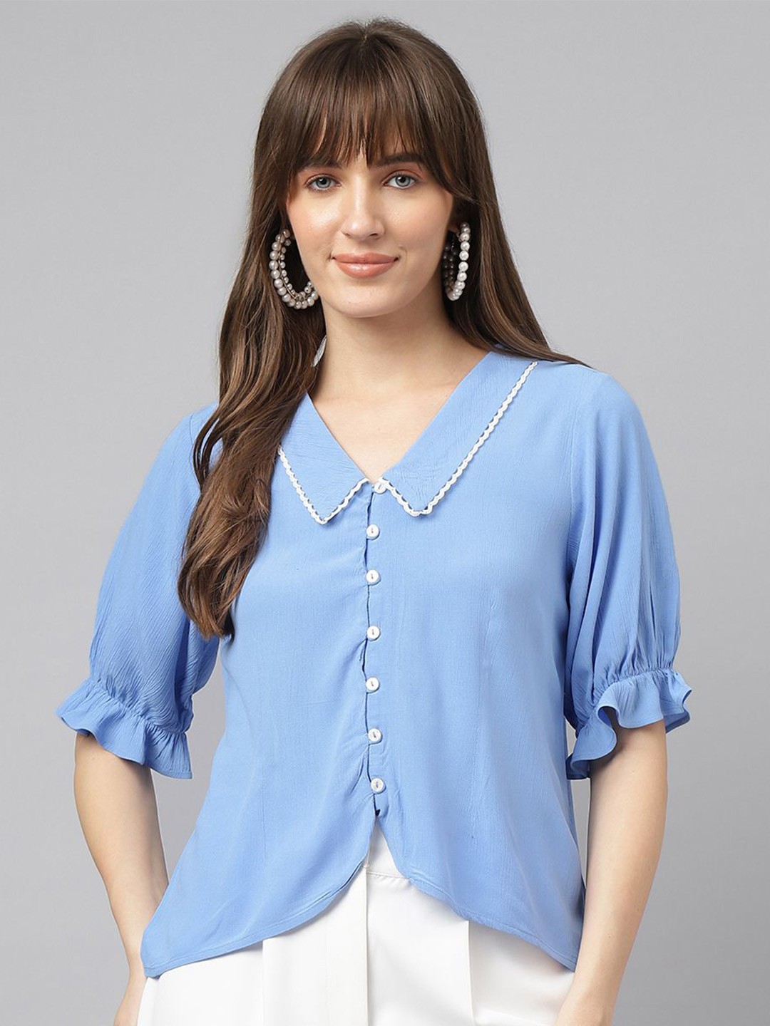 

Latin Quarters Women Relaxed Fit Solid Short Sleeves Opaque Casual Shirt, Blue