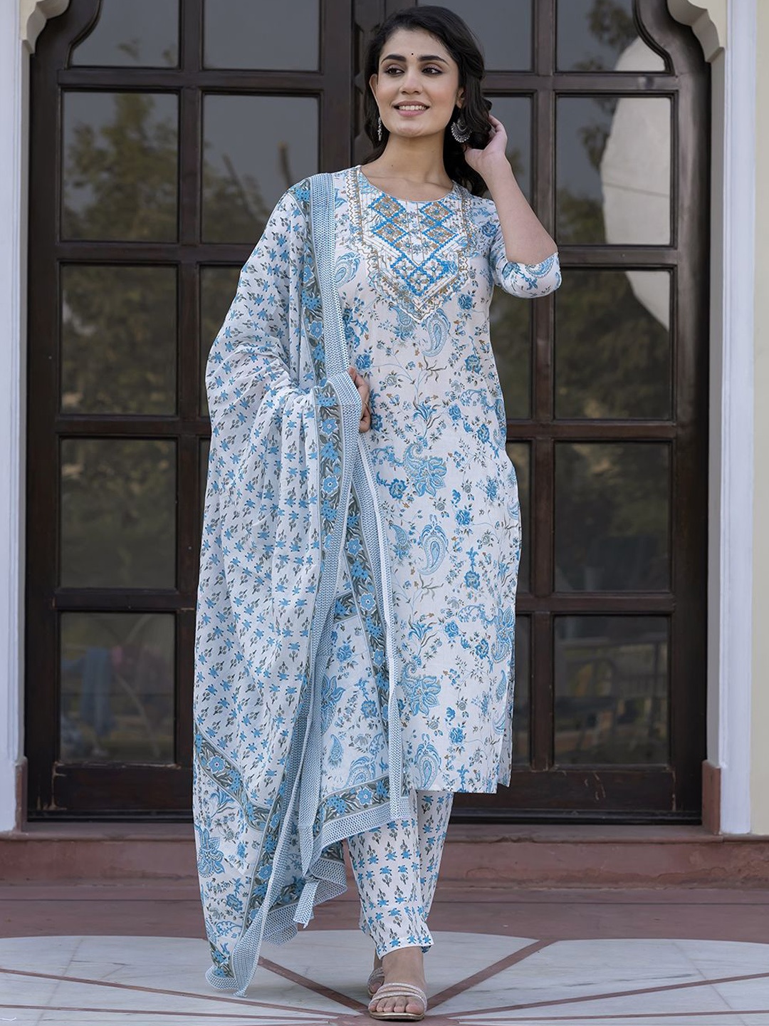 

KALINI Paisley Printed Mirror Work Straight Pure Cotton Kurta With Trousers & Dupatta, Blue