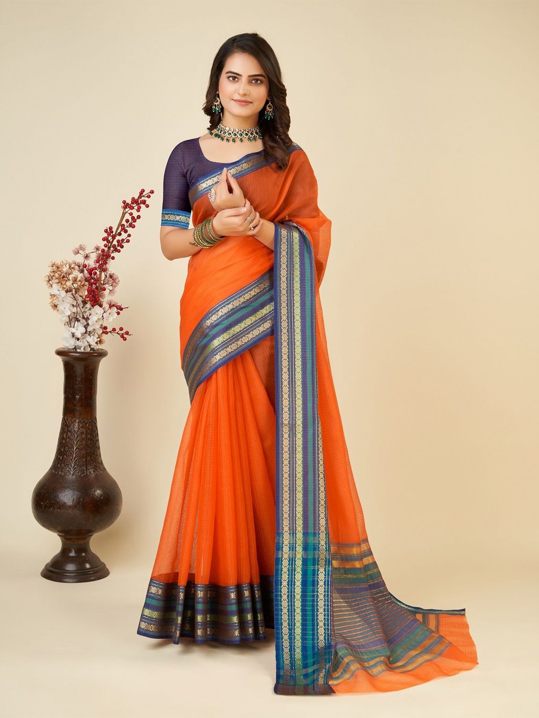 

LEOSAGI Embellished Zari Silk Cotton Kota Saree, Orange