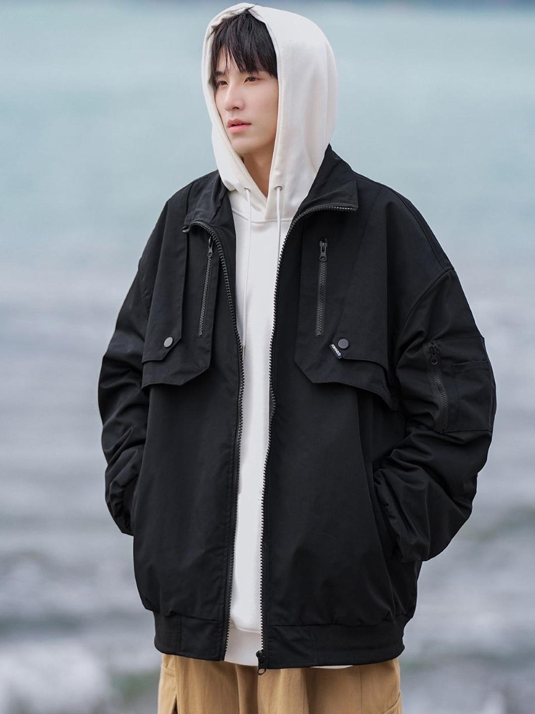 

HERE&NOW Men Hooded Solid Casual Bomber Jacket, Black