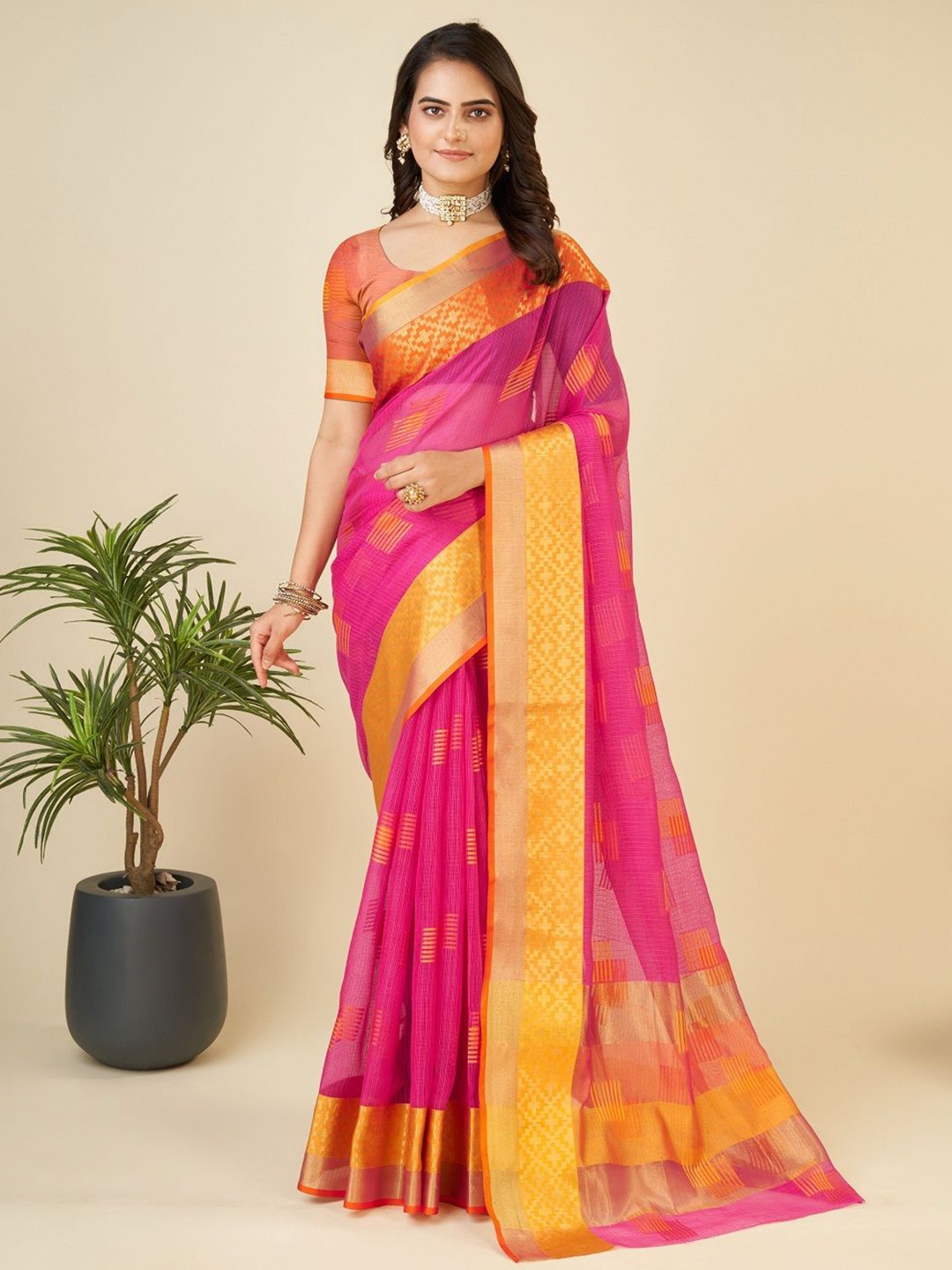 

SHOBHA SAREES Woven Design Zari Silk Cotton Kota Saree, Pink