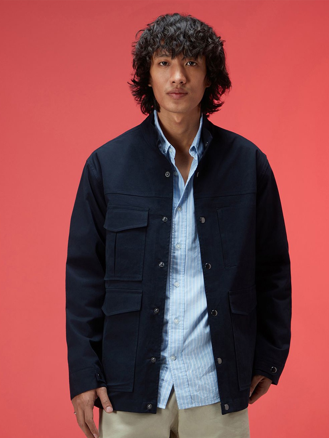 

VEIRDO Men Spread Collar Solid Cotton Casual Tailored Jacket, Navy blue