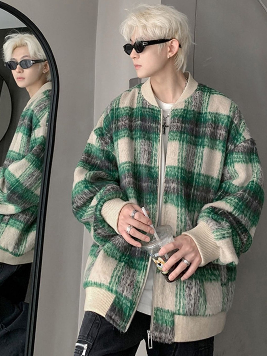 

HERE&NOW Men Stand Collar Checked Casual Tailored Jacket, Green