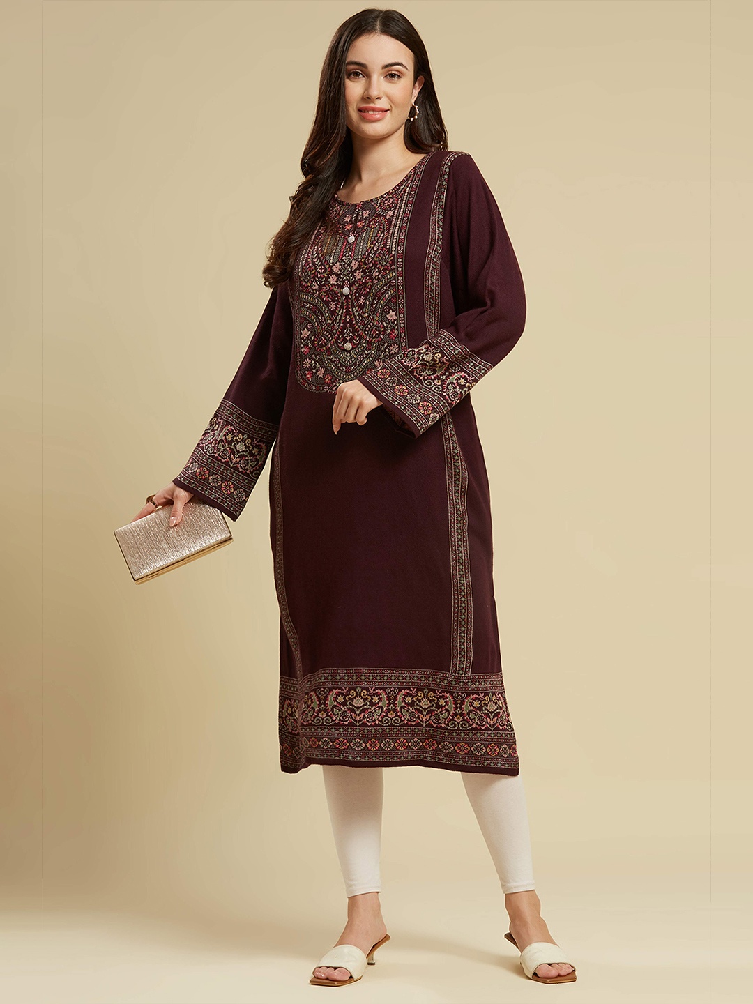 

Peachmode Woven Design Woolen Straight Kurta, Maroon