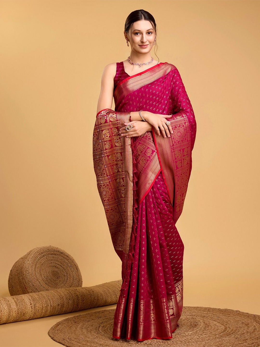 

LEOSAGI Woven Design Zari Pure Silk Kanjeevaram Saree, Pink