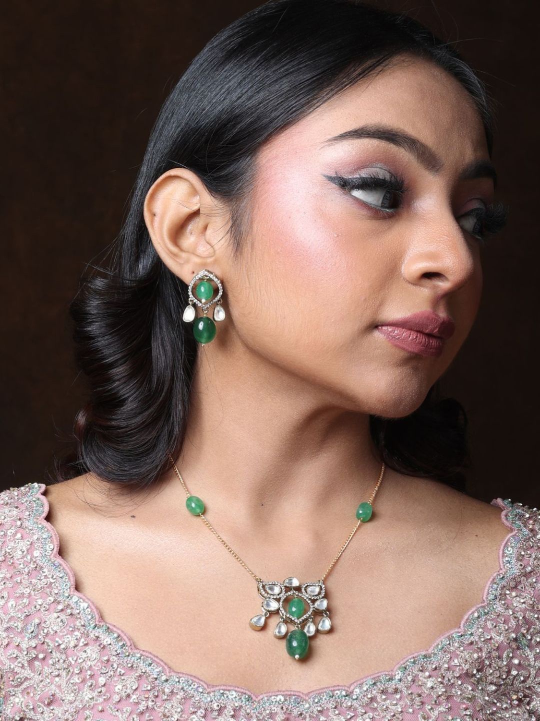 

QUEENS JEWELS Gold-Plated Polki Kundan Pendant Necklace & Earrings Set