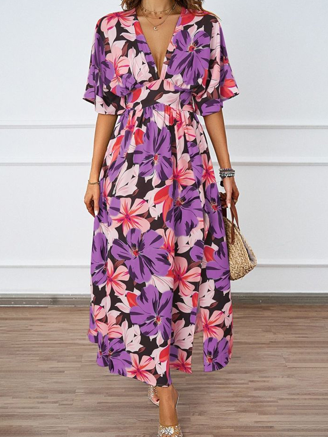 

LULU & SKY Floral Print Blouson Midi Dress, Purple