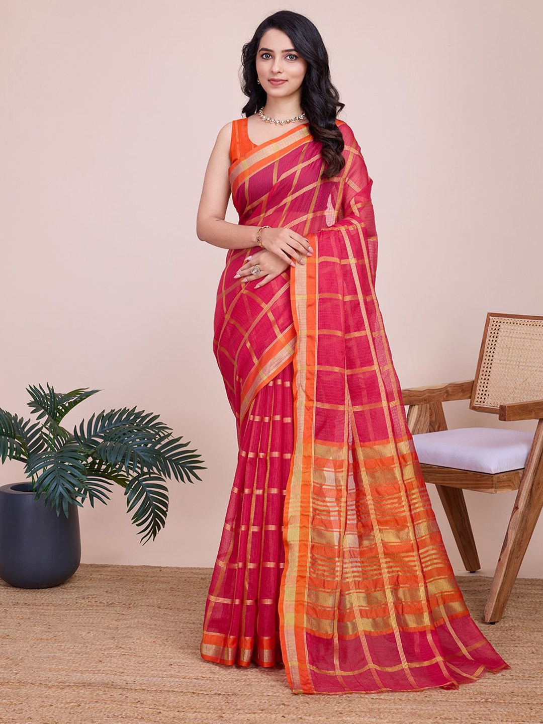 

SHOBHA SAREES Woven Design Zari Silk Cotton Kota Saree, Pink