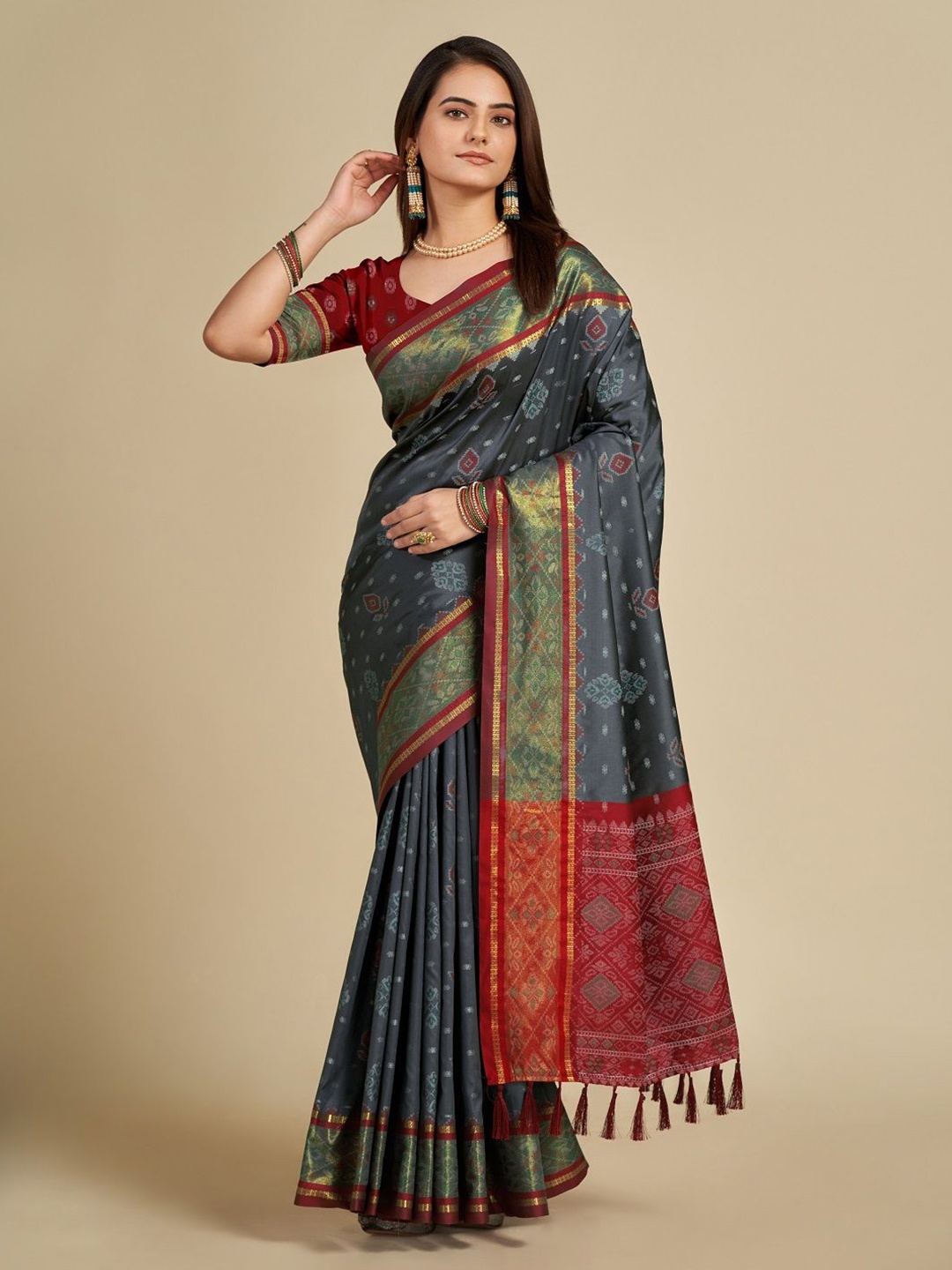 

SHOBHA SAREES Ethnic Motifs Zari Pure Silk Patola Saree, Grey