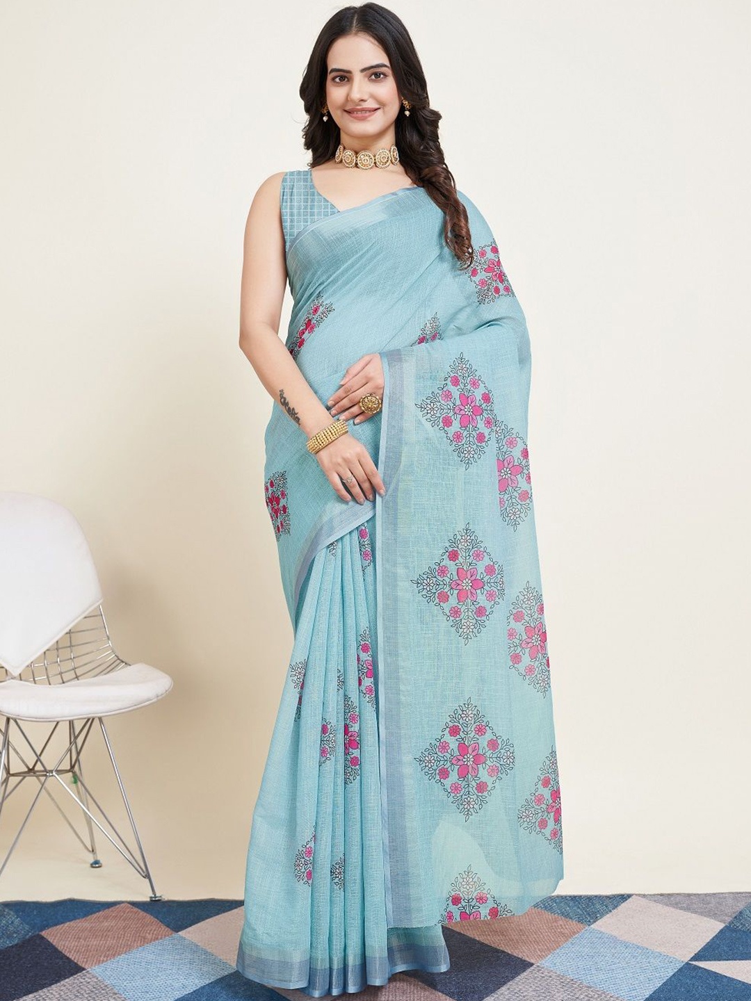 

LEOSAGI Floral Silk Cotton Saree, Blue