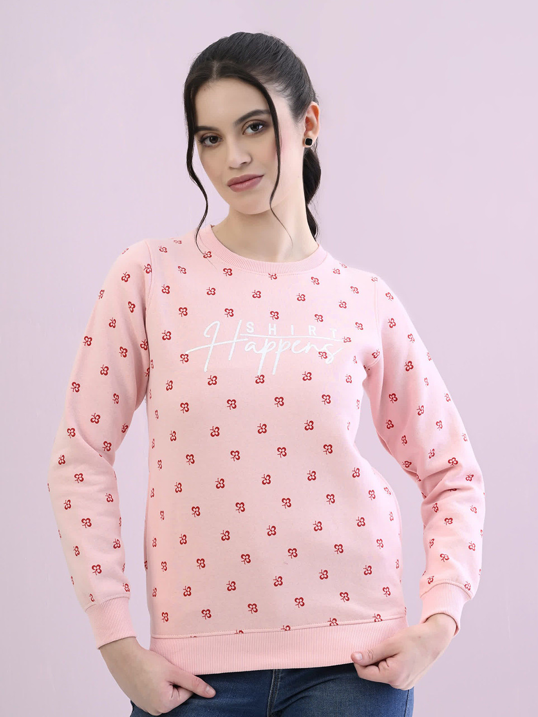 

STARFOX Floral Printed Round Neck Fleece Pullover Oversized Sweatshirt, Pink
