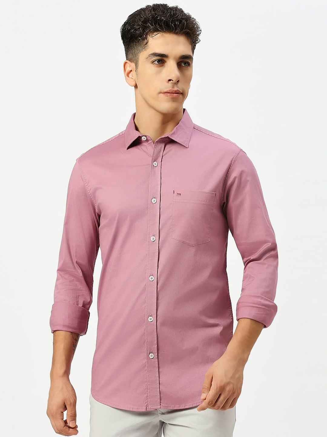 

Basics Men Slim Fit Opaque Solid Cotton Casual Shirt, Pink