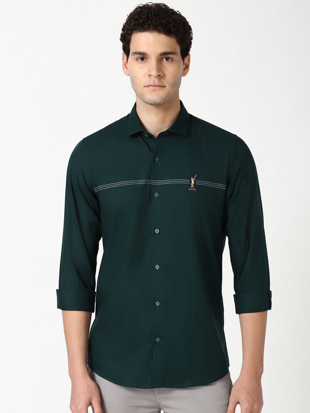 

Peter England Casuals Men Spread Collar Horizontal Striped Cotton Slim Fit Casual Shirt, Green