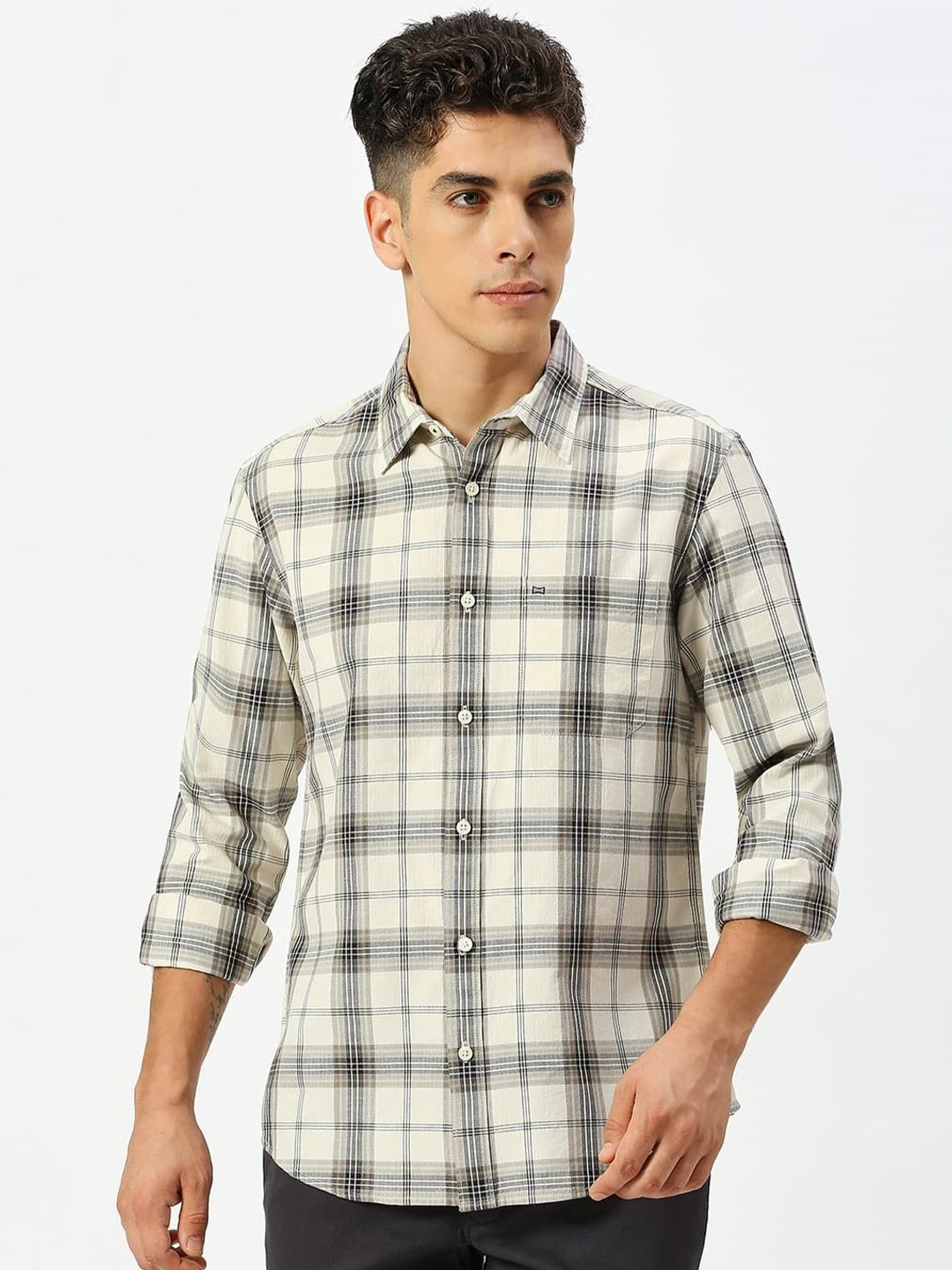 

Basics Men Slim Fit Tartan Checks Opaque Cotton Casual Shirt, Beige