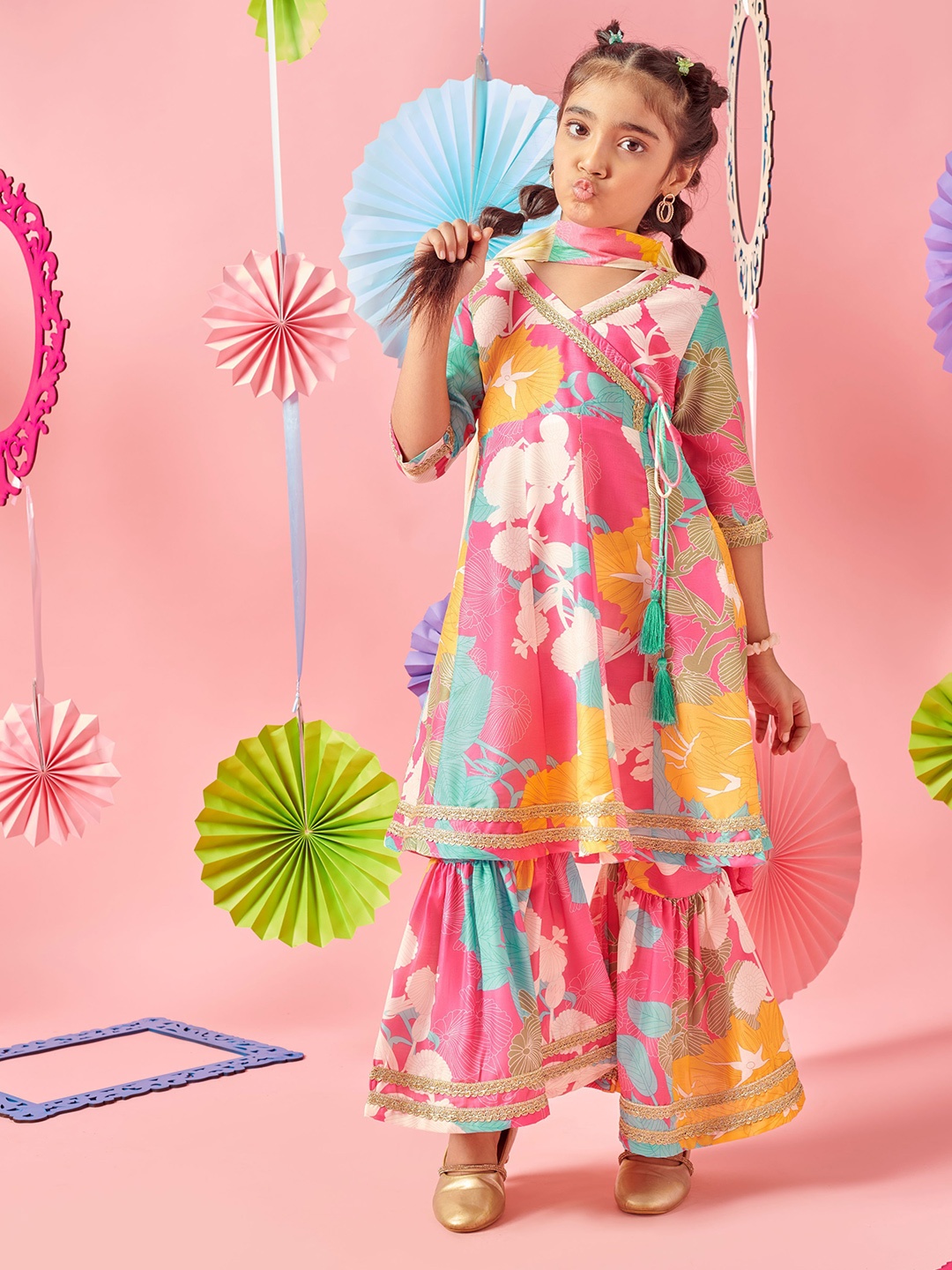 

MASTARANG Girls Floral Printed Angrakha Gotta Patti A-Line Kurta With Palazzos & Dupatta, Pink