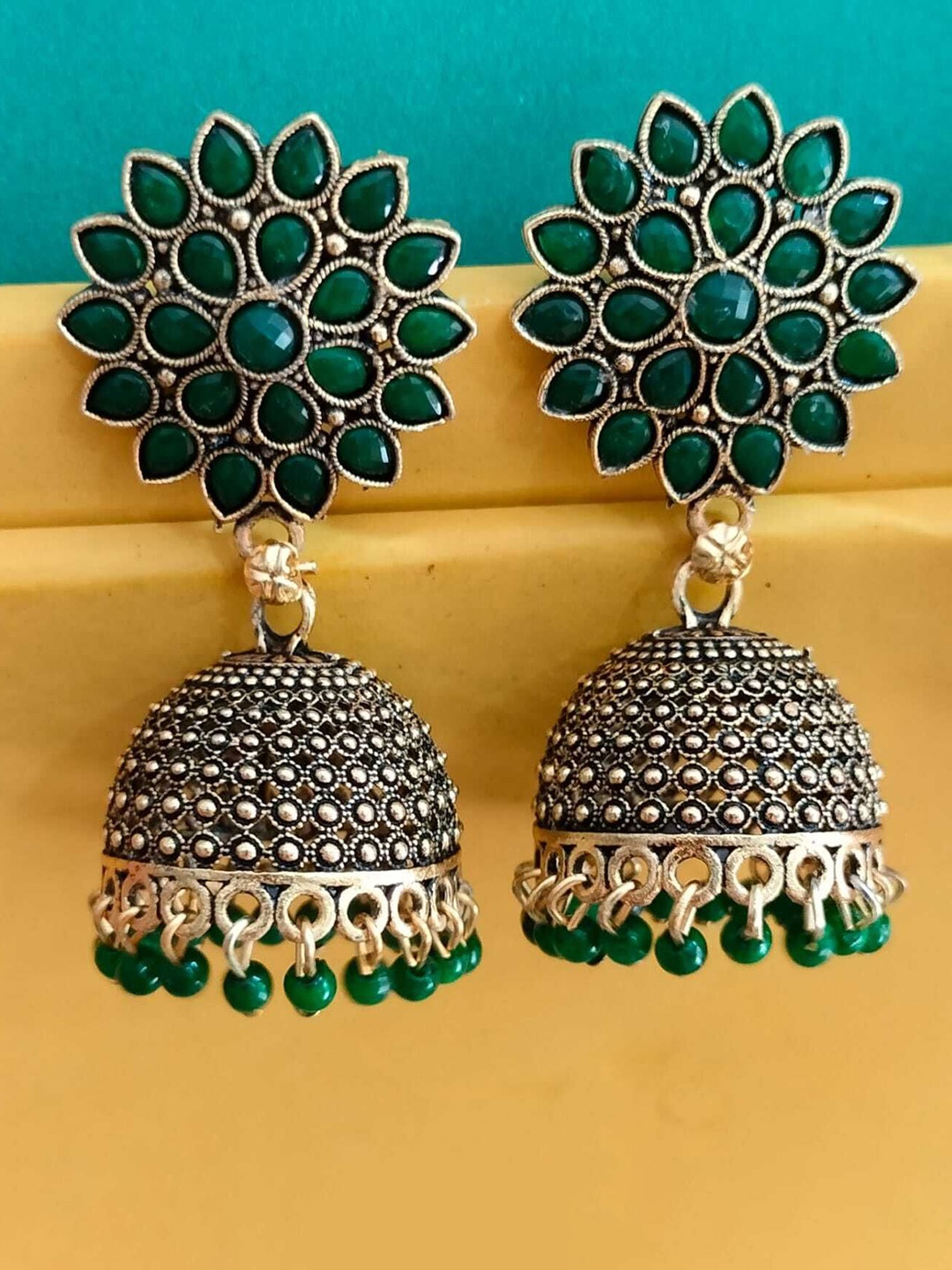 

JMBW INTERNATIONAL Gold-Plated Stone Studded Dome Shaped Jhumkas