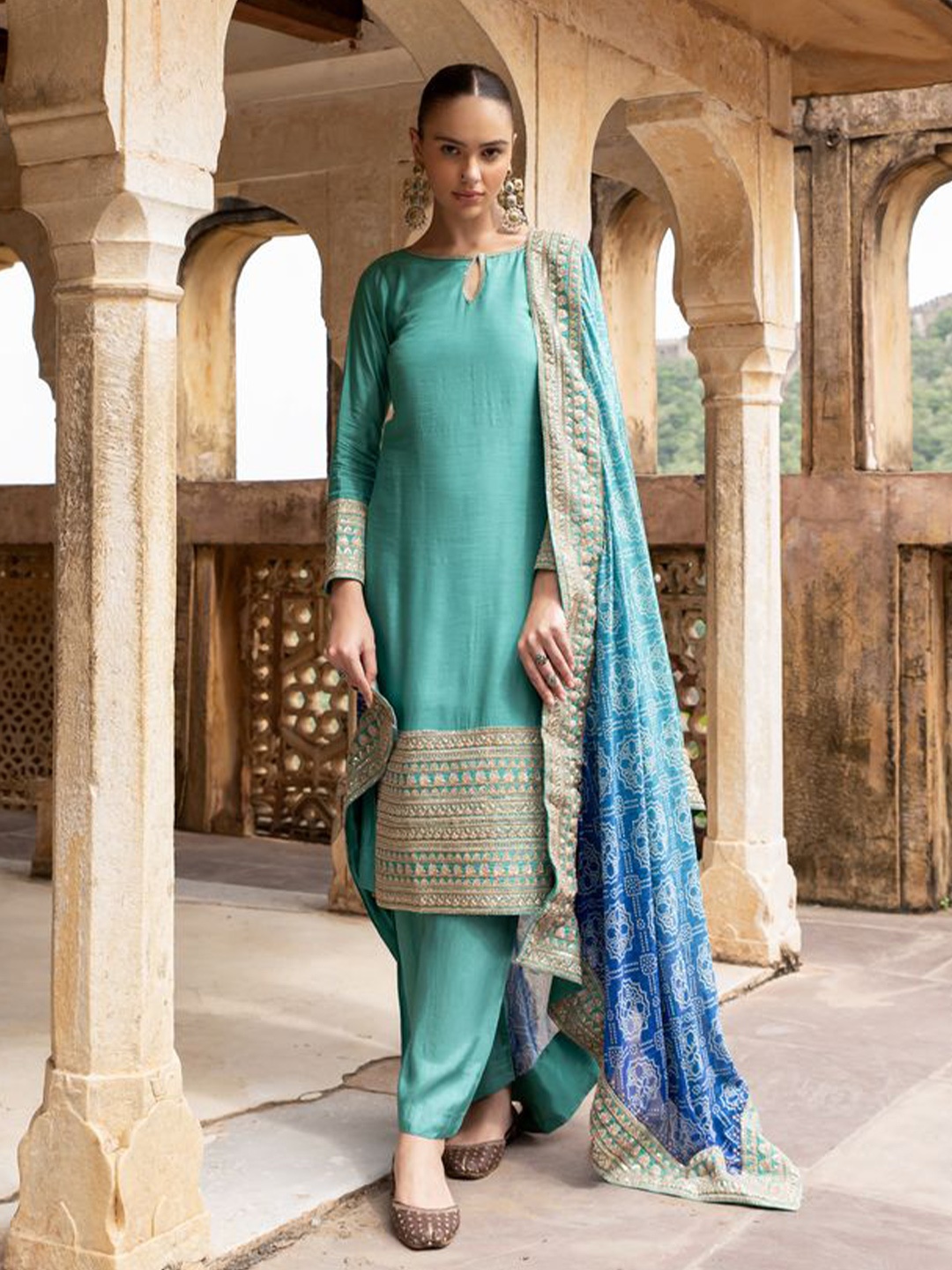 

KARAJ JAIPUR Floral Embroidered Regular Chanderi Cotton Kurta with Palazzos & Dupatta, Blue