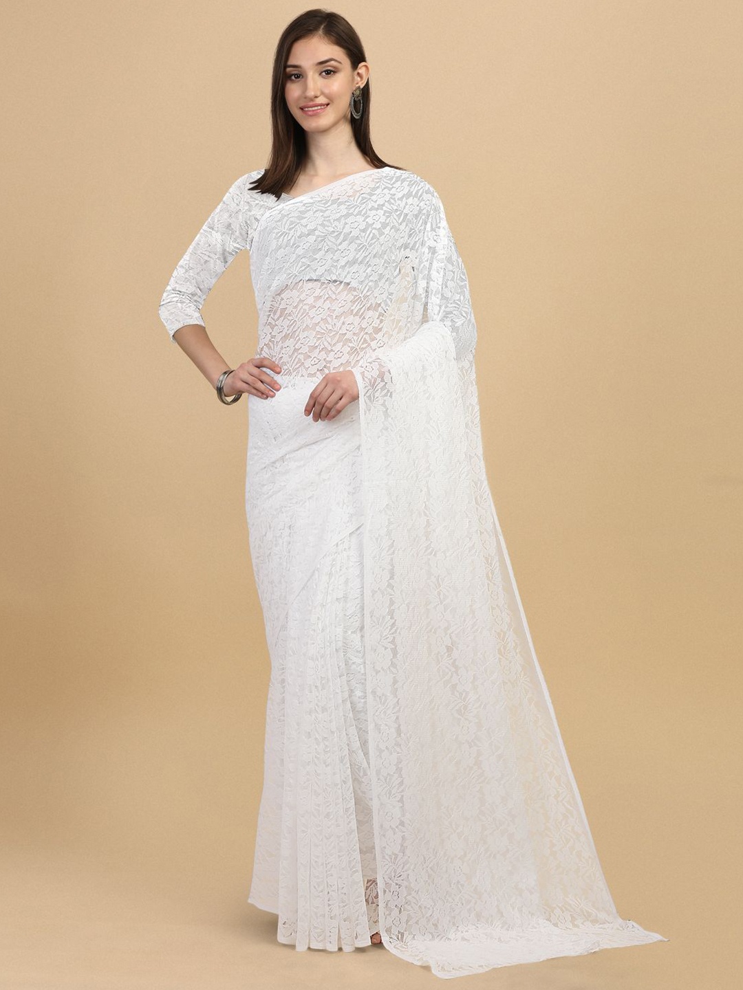 

SHOBHA SAREES Floral Net Saree, White