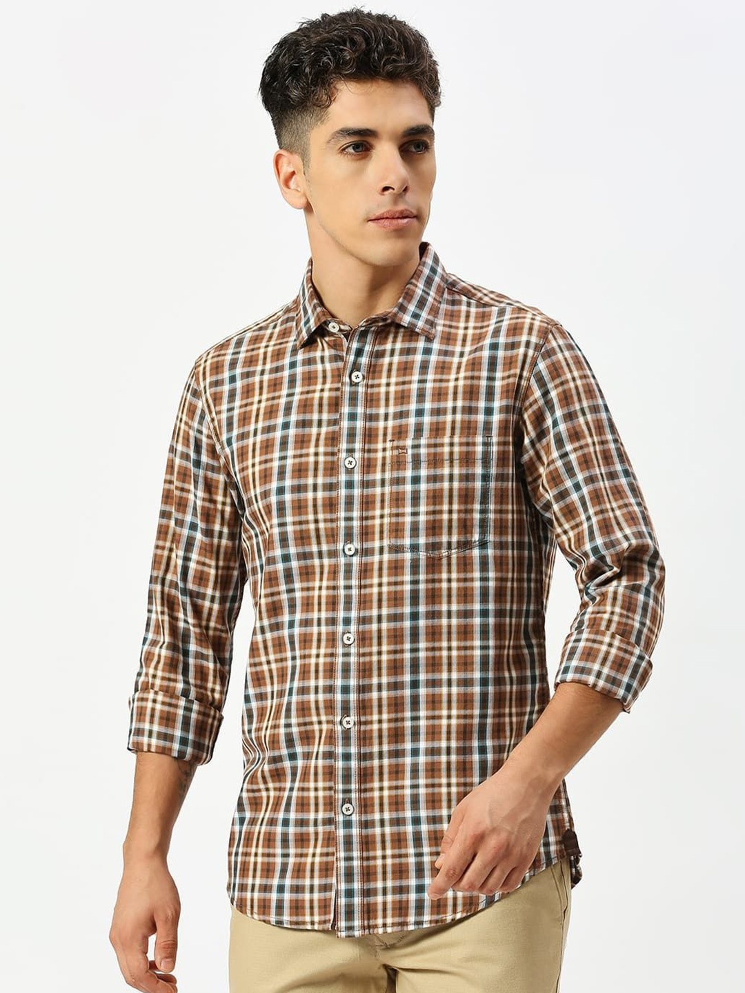 

Basics Men Slim Fit Tartan Checks Opaque Cotton Casual Shirt, Brown