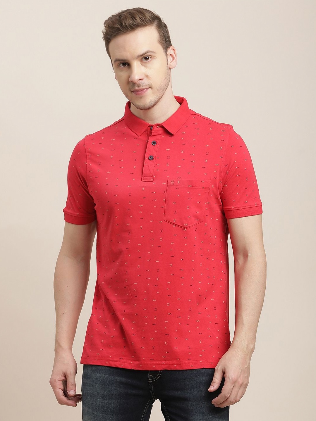 

Turtle Men Abstract Printed Polo Collar Pure Cotton Slim Fit T-shirt, Red