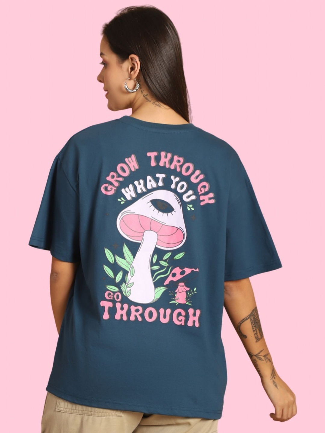 

Tromko Women Graphic Printed Round Neck Cotton Oversized T-shirt, Blue