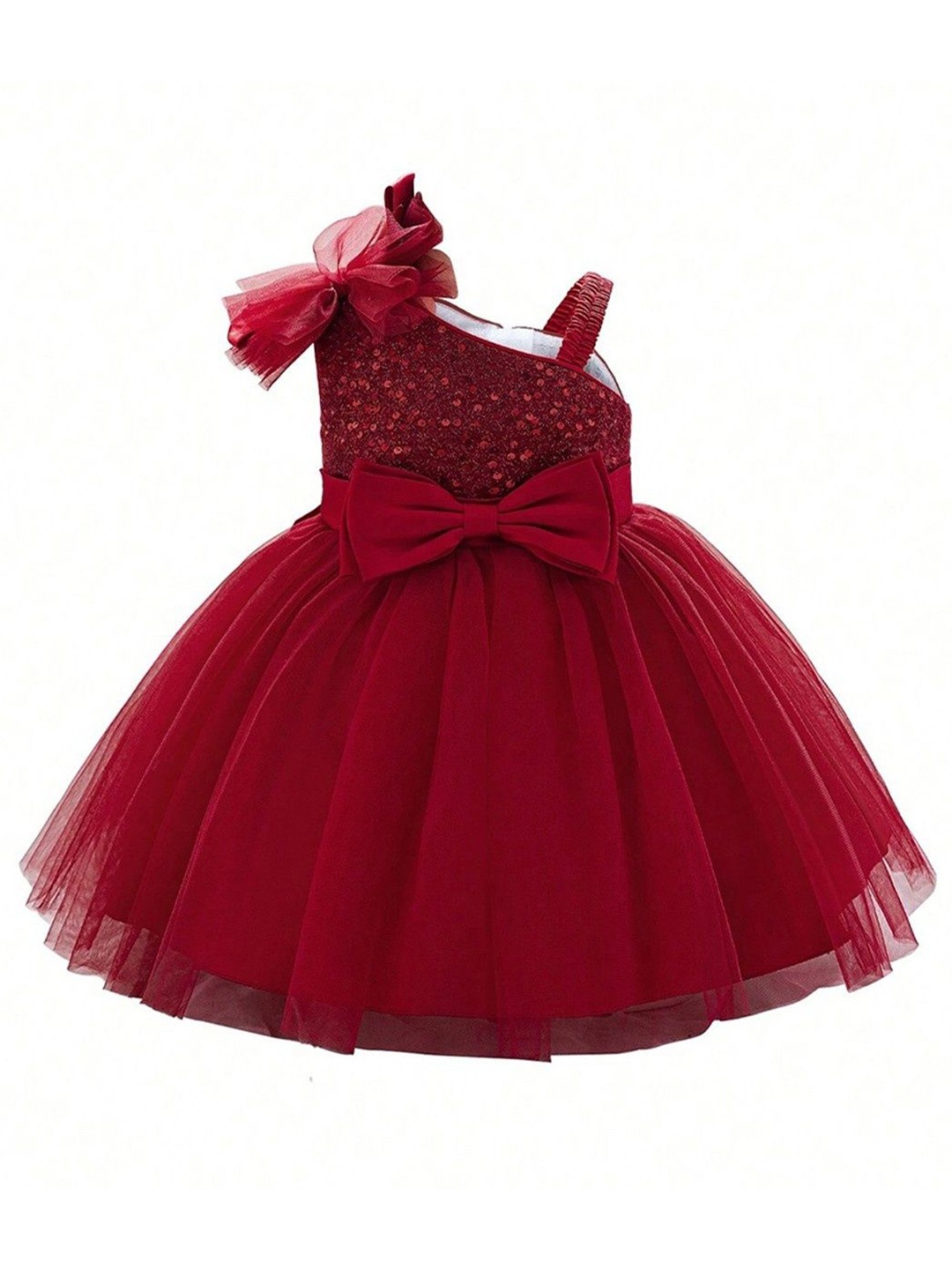 

Miss & Chief Embellished Embroidered One Shoulder Net A-Line Dress, Red