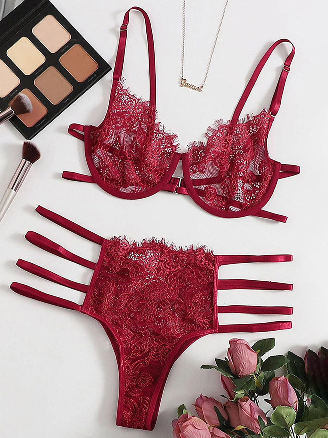 

LULU & SKY Self design Lingerie Set YY169-CLARET, Red